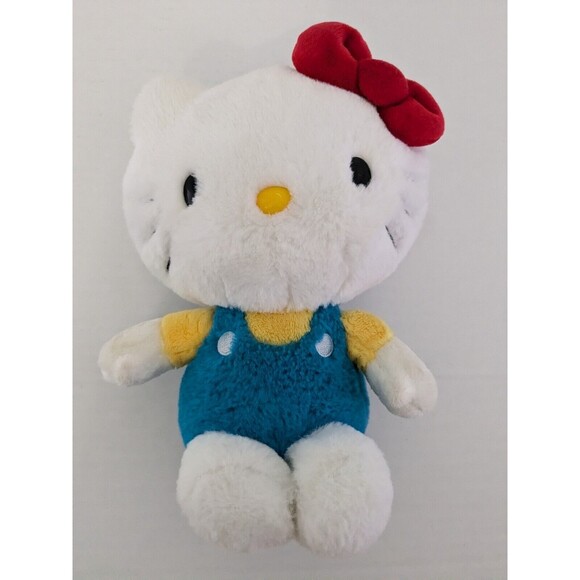 Hello Kitty Sanrio Classic Blue Overalls Yellow Shirt Red Bow Plush 10" Cat - Picture 1 of 5